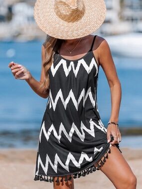 New Cupshe Black and White Chevron Tassel mini Dress